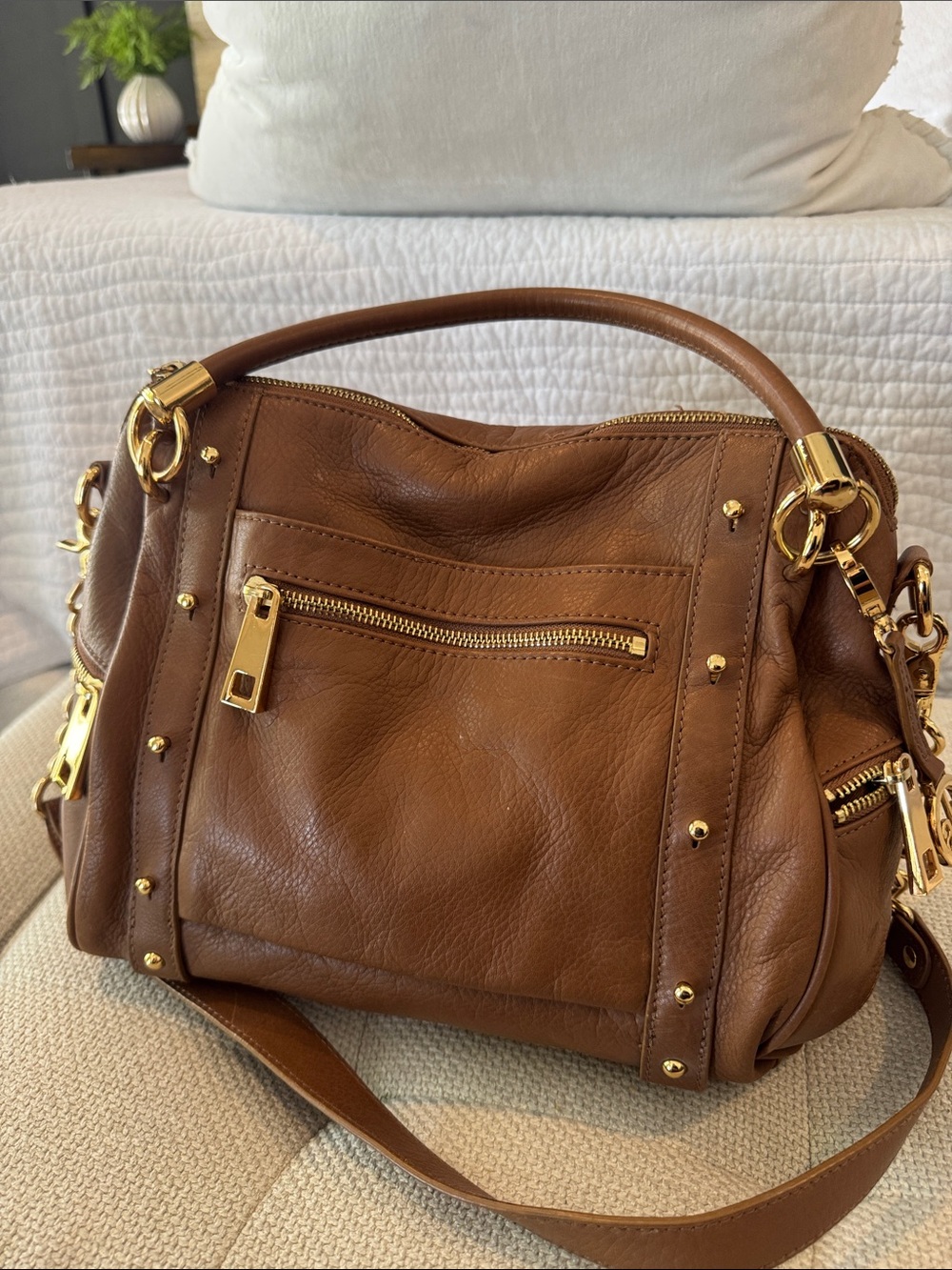 Audrey Brooke Cognac Shoulder Satchel with Gold Hardware